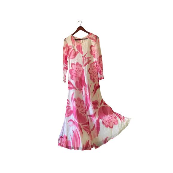 Vintage 60s/70s chiffon long maxi gown pink floral with sheer sleeves small - Picture 1 of 8